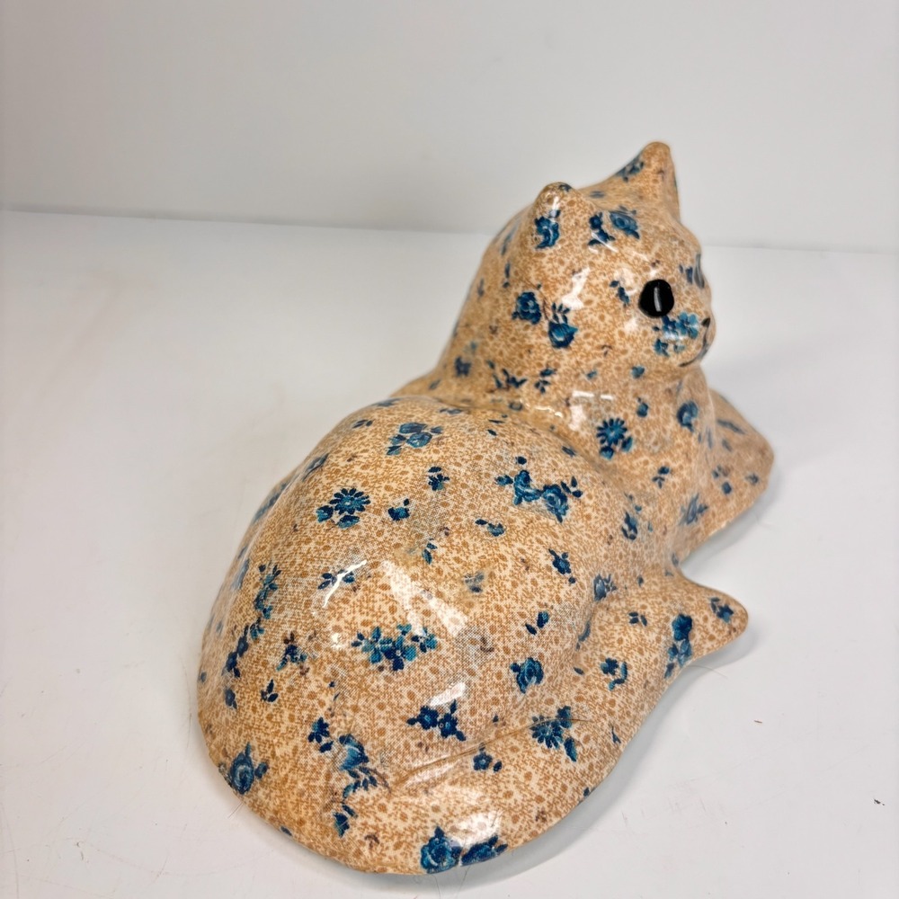 Vintage Papier Mache Cat Figurine Floral Blue Flower Decoupage Cottagecore Decor - Picture 4 of 12